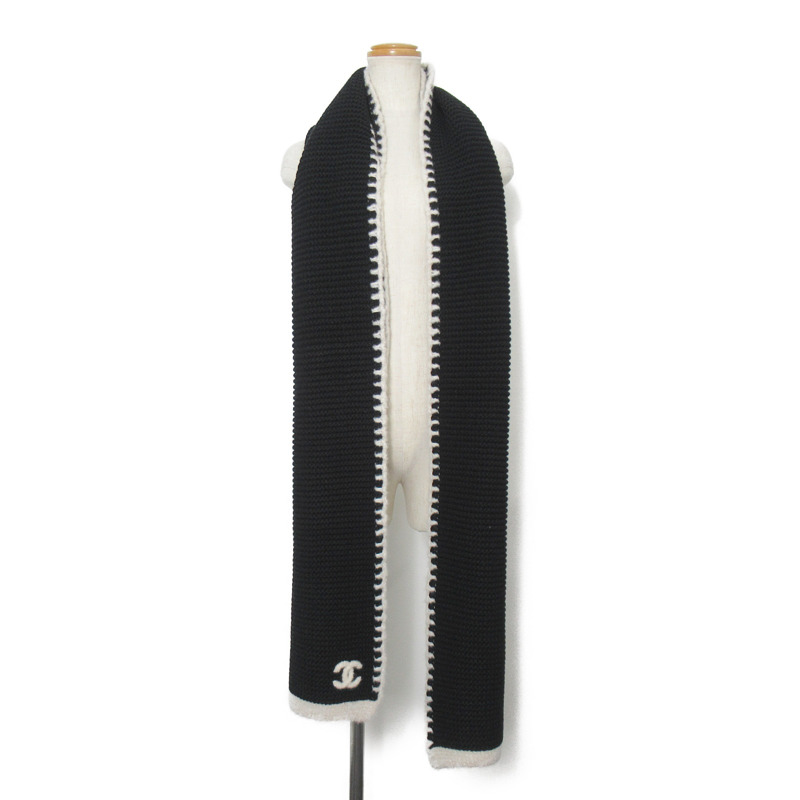【日本直送】CHANEL 圍巾披肩羊絨黑白色二手可可-4