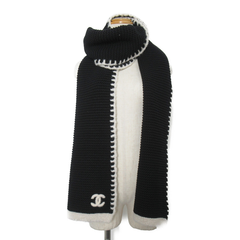 【日本直送】CHANEL 圍巾披肩羊絨黑白色二手可可-5