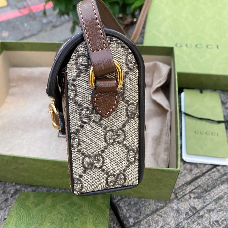 「已售出」二手GUCCI Horsebit 1955 mini bag焦糖色盒子包手機包699296-4