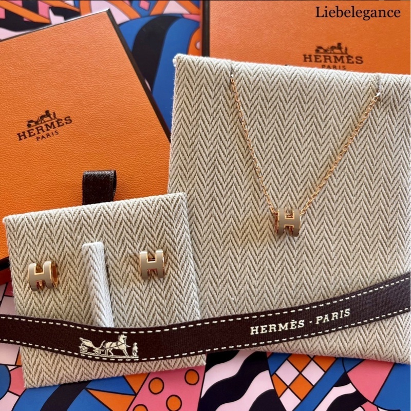 Hermes Mini Pop H Pendant玫瑰金 奶茶色 頸鏈-3