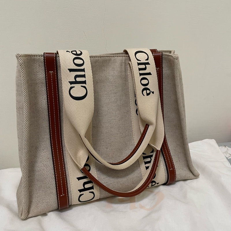 Chloe 中款 woody 帆布皮革托特包-2