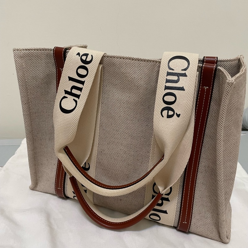 Chloe 中款 woody 帆布皮革托特包-5