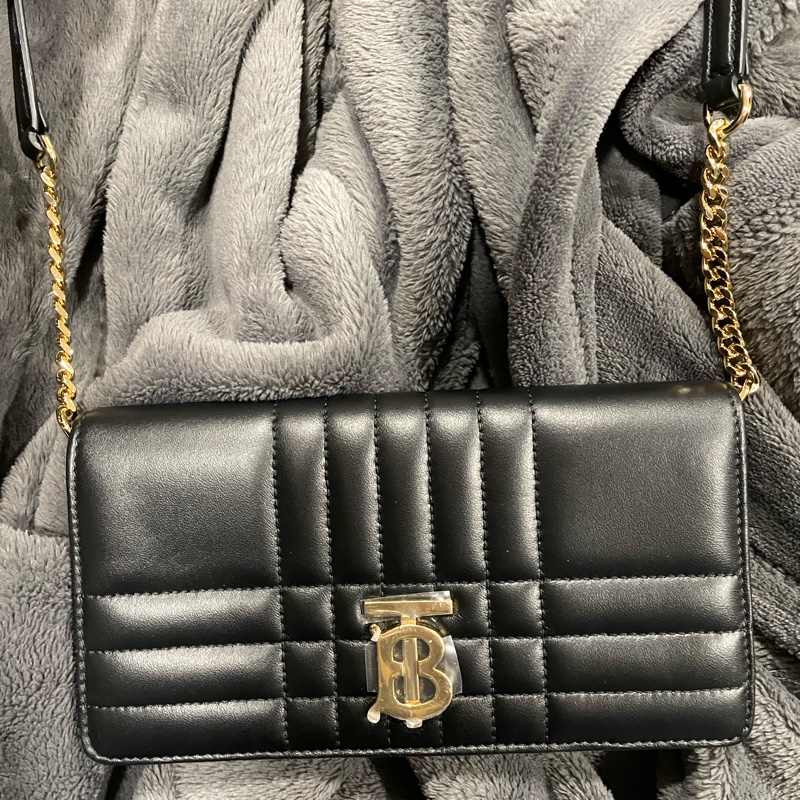 BURBERRY 經典Lola系列TB LOGO格紋绗缝小羊皮WOC斜背包(黑色)-5