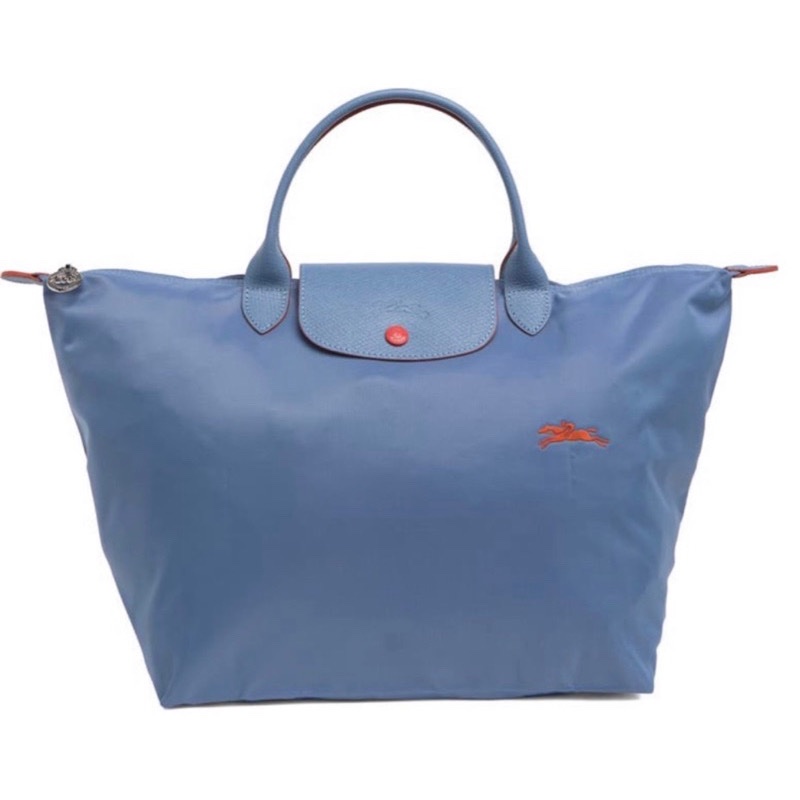 LONGCHAMP 經典刺繡尼龍LOGO短把肩背包(L/淺藍x橘)-2