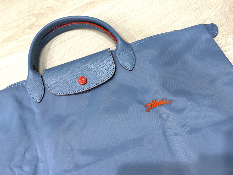 LONGCHAMP 經典刺繡尼龍LOGO短把肩背包(L/淺藍x橘)-9