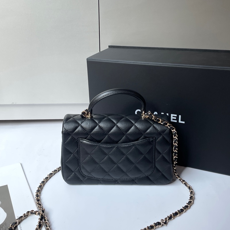 Chanel CF mini Handle 黑羊皮淡金釦20cm-3