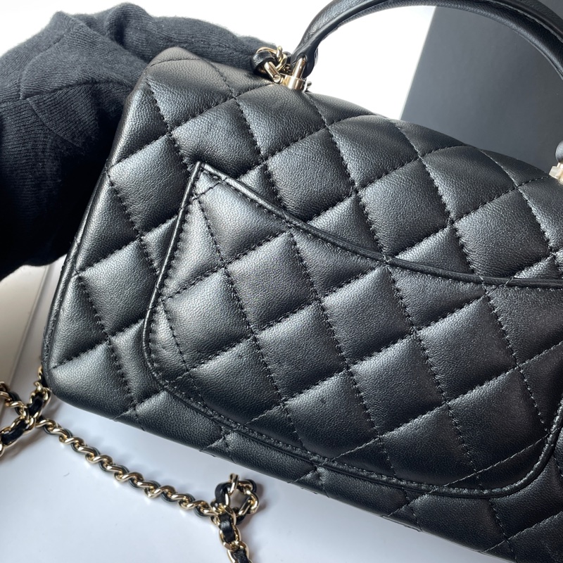 Chanel CF mini Handle 黑羊皮淡金釦20cm-4