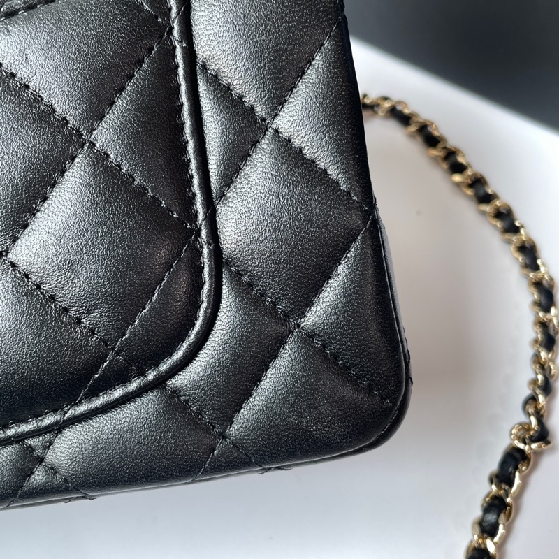 Chanel CF mini Handle 黑羊皮淡金釦20cm-5