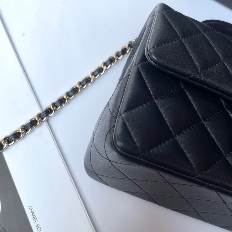 Chanel CF mini Handle 黑羊皮淡金釦20cm-13