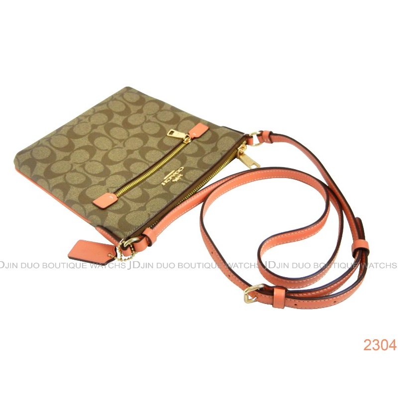 金鐸精品~2304 COACH CF340 MINI ROWAN卡其粉紅C-LOGO帆布側背小扁包  全新品-2