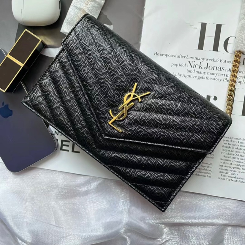 全新 ysl woc 鏈條包 19cm黑金荔枝皮-1