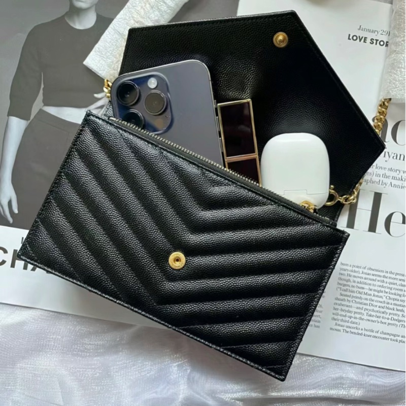 全新 ysl woc 鏈條包 19cm黑金荔枝皮-2