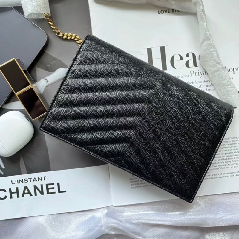 全新 ysl woc 鏈條包 19cm黑金荔枝皮-3