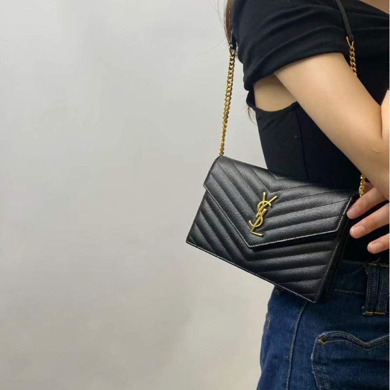 全新 ysl woc 鏈條包 19cm黑金荔枝皮-4