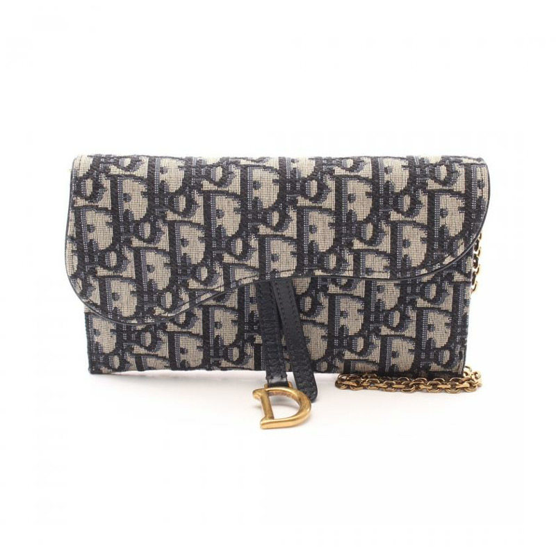 【日本直送】 Christian Dior Christian Dior SADDLE 鞍 斜 提花 鏈條錢包 帆布 皮革 淺褐色 海軍藍-0