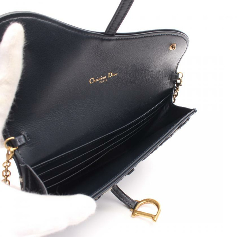 【日本直送】 Christian Dior Christian Dior SADDLE 鞍 斜 提花 鏈條錢包 帆布 皮革 淺褐色 海軍藍-2