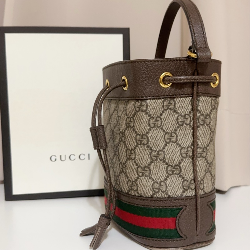 ［實品實拍］gucci 水桶包 二手 8.5成新 附盒子 保固卡 精品品牌 古馳 老花 名牌包 情人節 正品 側背包-1
