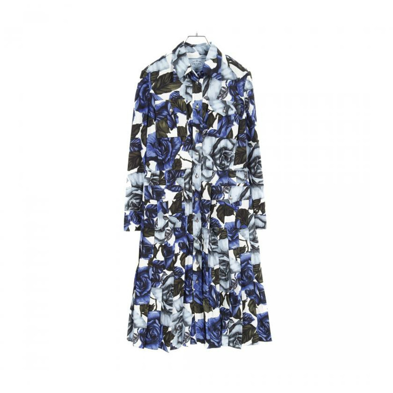 【日本直送】 PRADA 普拉達 褶皺 襯衫裙 美洲圖案 棉布 藍色-0