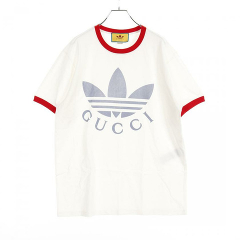 【日本直送】 GUCCI 古馳 古馳 × 阿迪達斯 T恤 標誌印刷 棉布 米白色 紅色 藍灰色