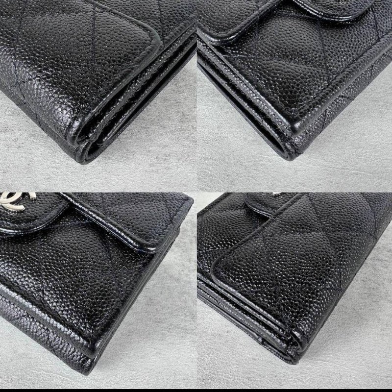 香奈兒 Chanel 經典雙C銀扣 LOGO菱格荔枝紋牛皮 暗釦三折短夾 零錢包-4