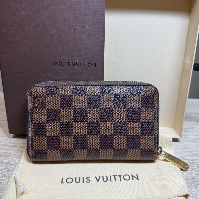 Louis Vuitton 路易威登  N60028 棋盤格LOGO Damier Ebene帆布10卡拉鍊中夾(咖啡)-0
