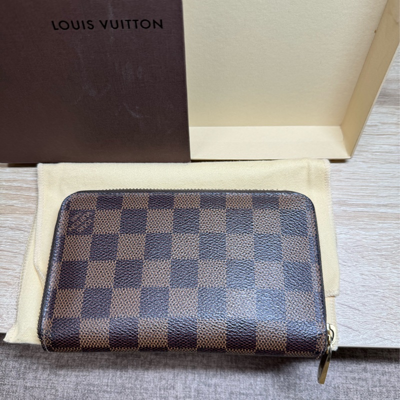 Louis Vuitton 路易威登  N60028 棋盤格LOGO Damier Ebene帆布10卡拉鍊中夾(咖啡)-1