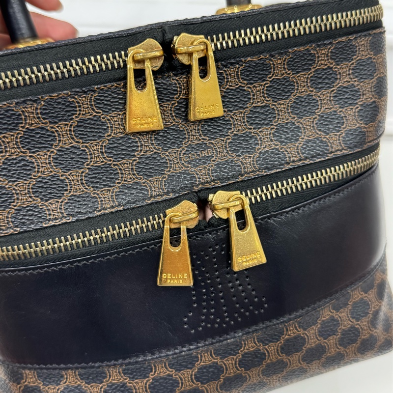 中古罕有 Celine Macadam 凱旋門老花雙層手提包 黑色老花-13