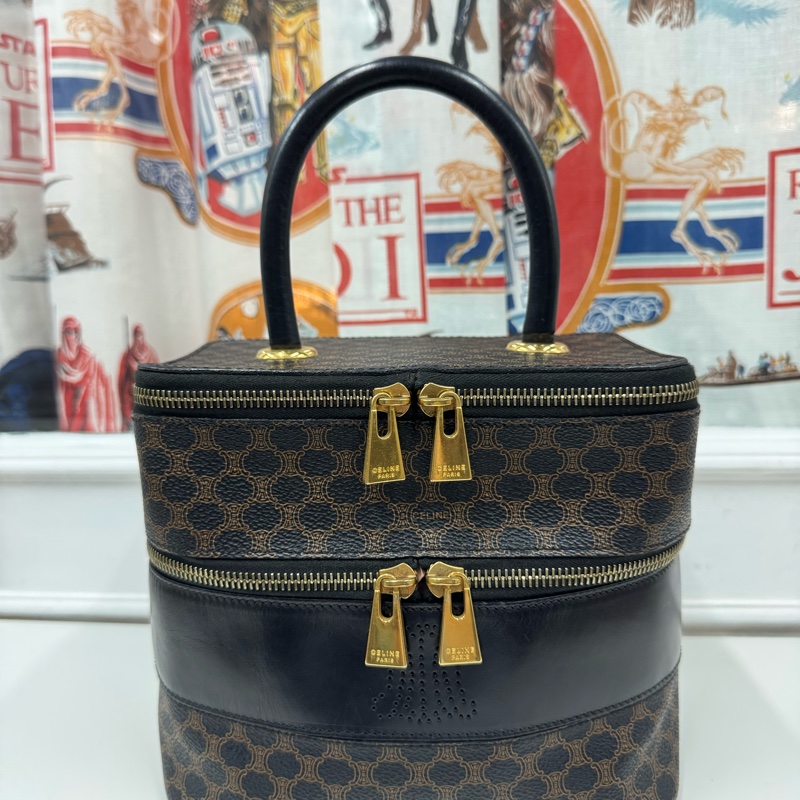 中古罕有 Celine Macadam 凱旋門老花雙層手提包 黑色老花-15