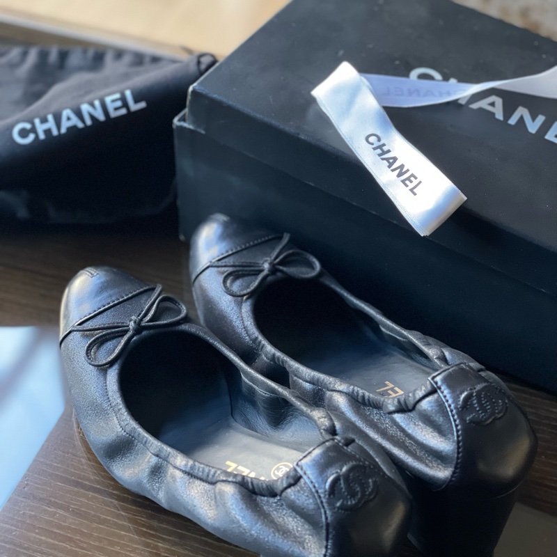 Chanel 38蝴蝶結裝飾鬆緊全皮革跟鞋-0