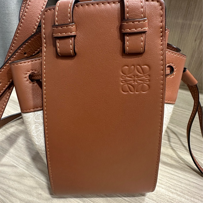 LOEWE hammock mini 小牛皮配緹花織 亞麻色+棕色(吊床包)-7