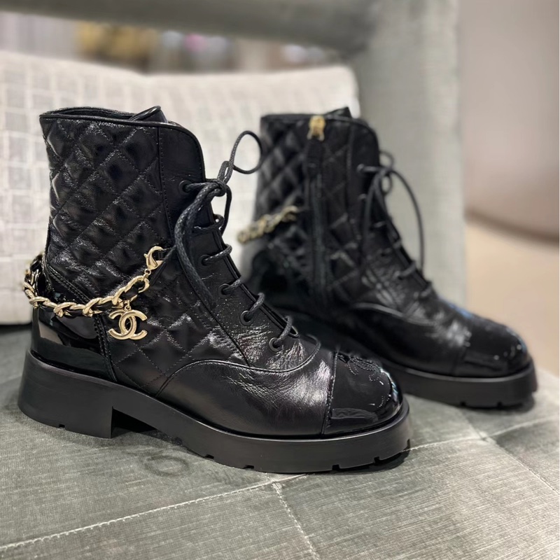 Chanel 鏈條馬丁靴短靴-皮革拼接菱格⭐️Chanel 鏈條手鍊+鞋都擁有-0