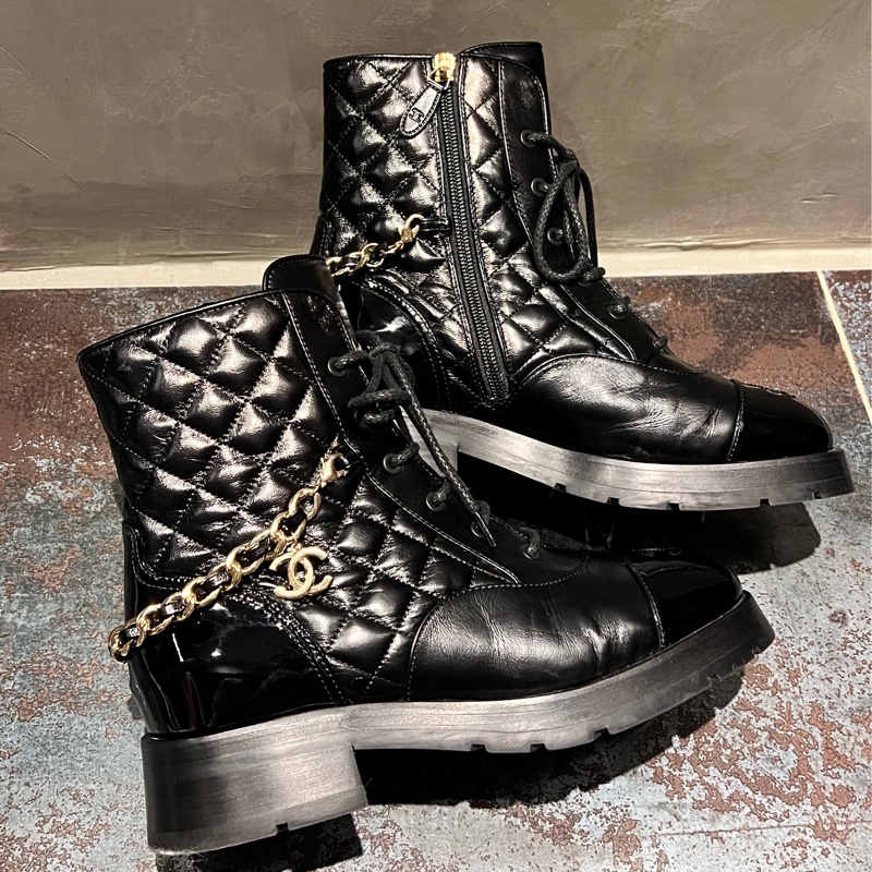 Chanel 鏈條馬丁靴短靴-皮革拼接菱格⭐️Chanel 鏈條手鍊+鞋都擁有-2