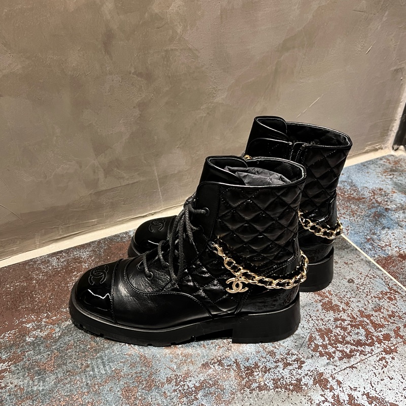Chanel 鏈條馬丁靴短靴-皮革拼接菱格⭐️Chanel 鏈條手鍊+鞋都擁有-6