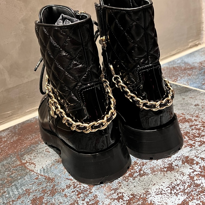 Chanel 鏈條馬丁靴短靴-皮革拼接菱格⭐️Chanel 鏈條手鍊+鞋都擁有-7