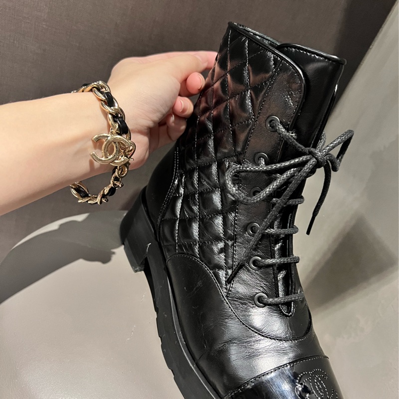 Chanel 鏈條馬丁靴短靴-皮革拼接菱格⭐️Chanel 鏈條手鍊+鞋都擁有-8