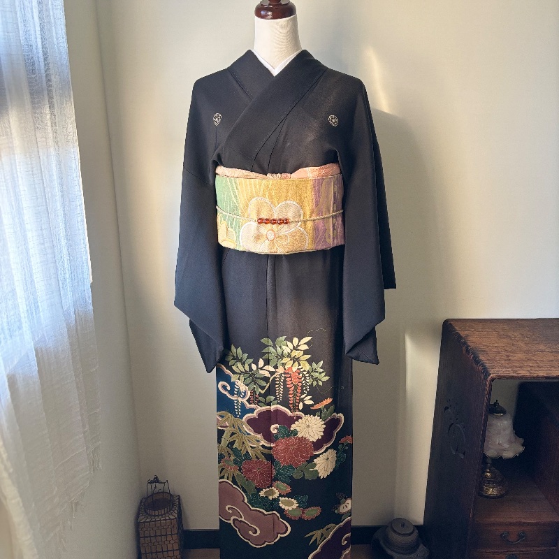 藏私·Collection_山茶花五紋付黑留袖古董和服-1