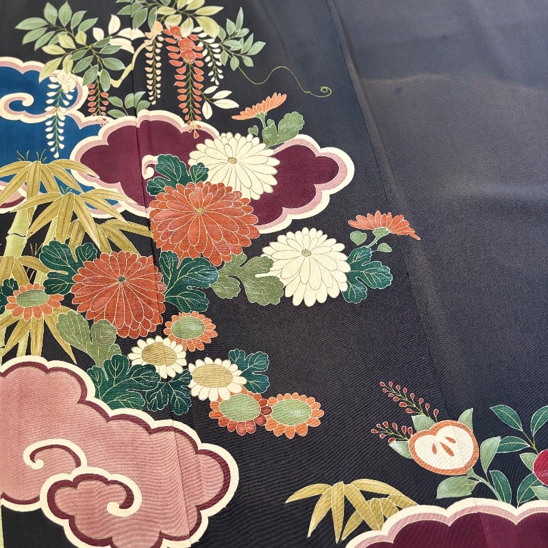 藏私·Collection_山茶花五紋付黑留袖古董和服-9