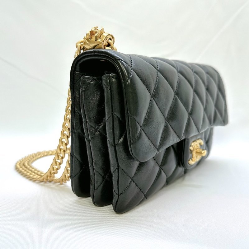 CHANEL 22K黑金金柱調節釦風琴包-4