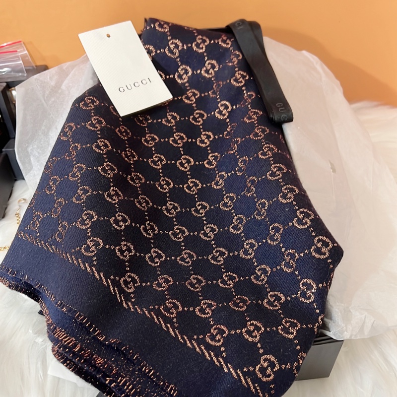 GUCCI 藍色金絲 G LOGO 羊毛混紡圍巾-0