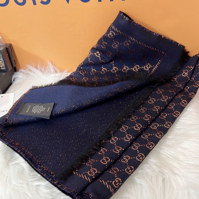 GUCCI 藍色金絲 G LOGO 羊毛混紡圍巾-5