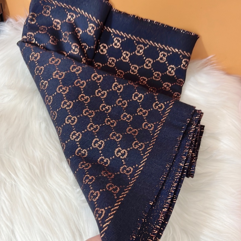 GUCCI 藍色金絲 G LOGO 羊毛混紡圍巾-6
