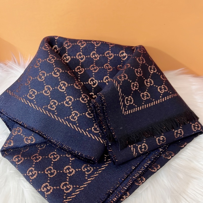 GUCCI 藍色金絲 G LOGO 羊毛混紡圍巾-8