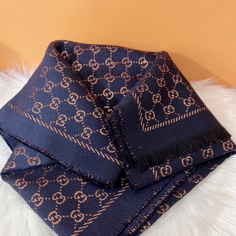 GUCCI 藍色金絲 G LOGO 羊毛混紡圍巾-9