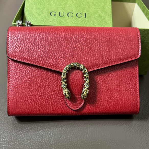 GUCCI  9.5新Dionysus 酒神水鑽皮夾式鍊包（紅色）-0