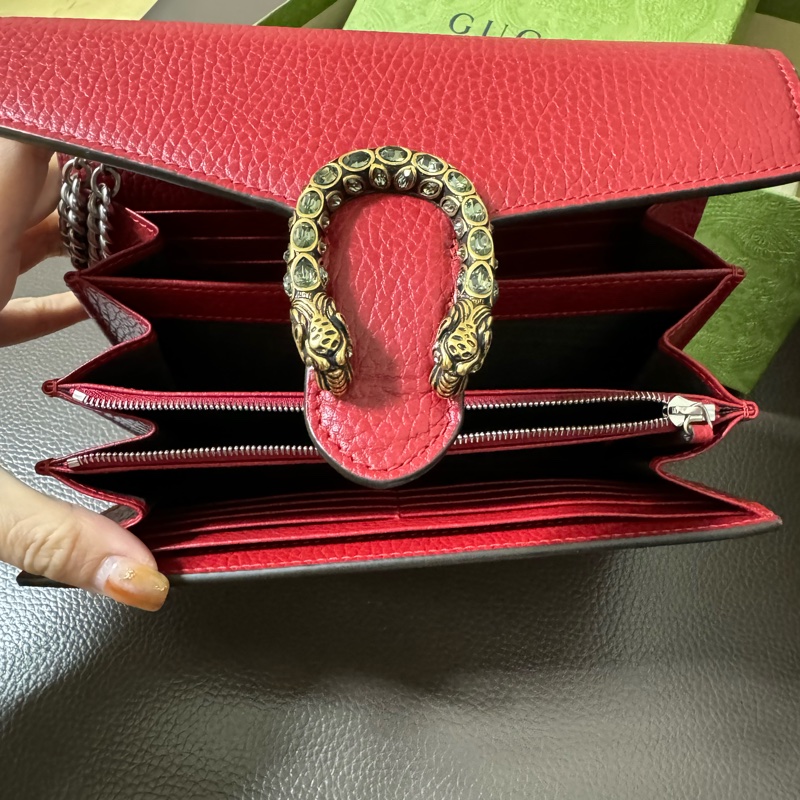 GUCCI  9.5新Dionysus 酒神水鑽皮夾式鍊包（紅色）-2