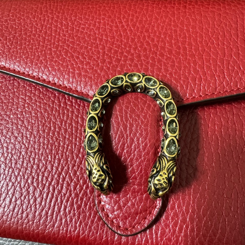 GUCCI  9.5新Dionysus 酒神水鑽皮夾式鍊包（紅色）-4