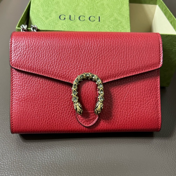 GUCCI  9.5新Dionysus 酒神水鑽皮夾式鍊包（紅色）-6