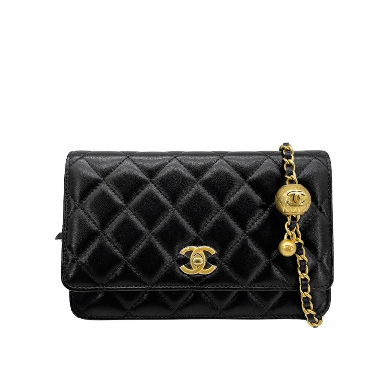 CHANEL 經典雙C LOGO 菱格粒紋小羊皮金球 WOC三用金球鏈條 側/斜背包 黑色 芯片款-0