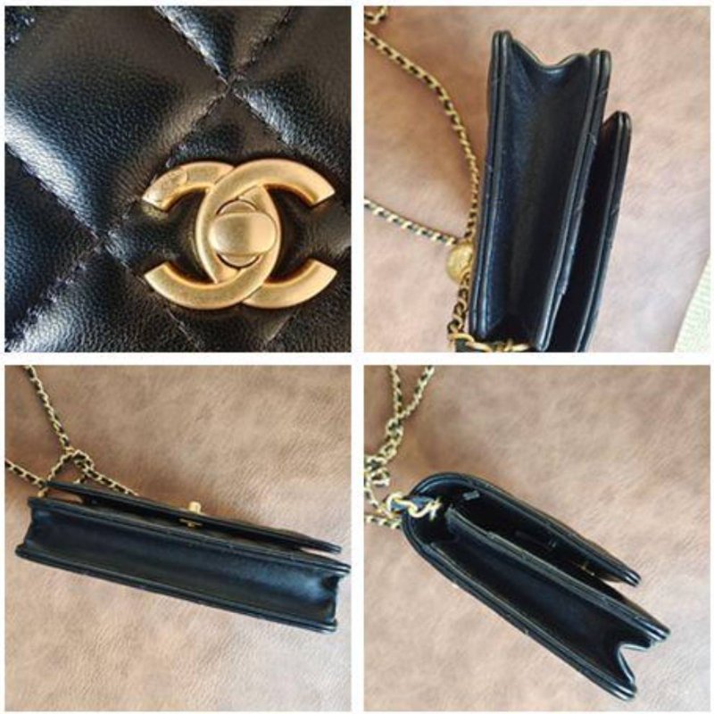 CHANEL 經典雙C LOGO 菱格粒紋小羊皮金球 WOC三用金球鏈條 側/斜背包 黑色 芯片款-6