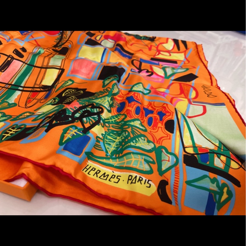 法國專櫃帶回全新絕版 HERMES經典幾何絲巾方巾 90cm*90cm-0